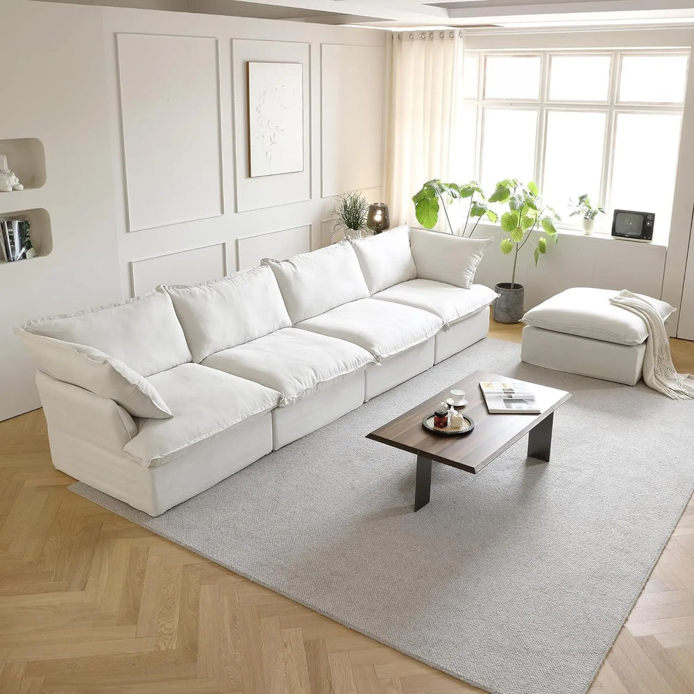 Deluxe Linen Cloud Sectional Sofas | White Cotton and Linen Couch Sectionals 4-seaters with 1 Ottoman