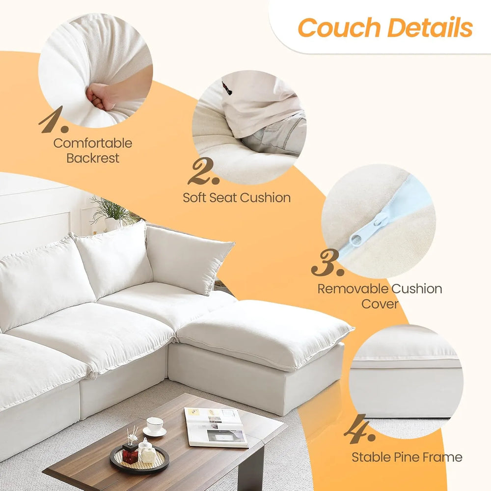Deluxe Linen Cloud Sectional Sofas | White Cotton and Linen Couch Sectionals 4-seaters with 1 Ottoman