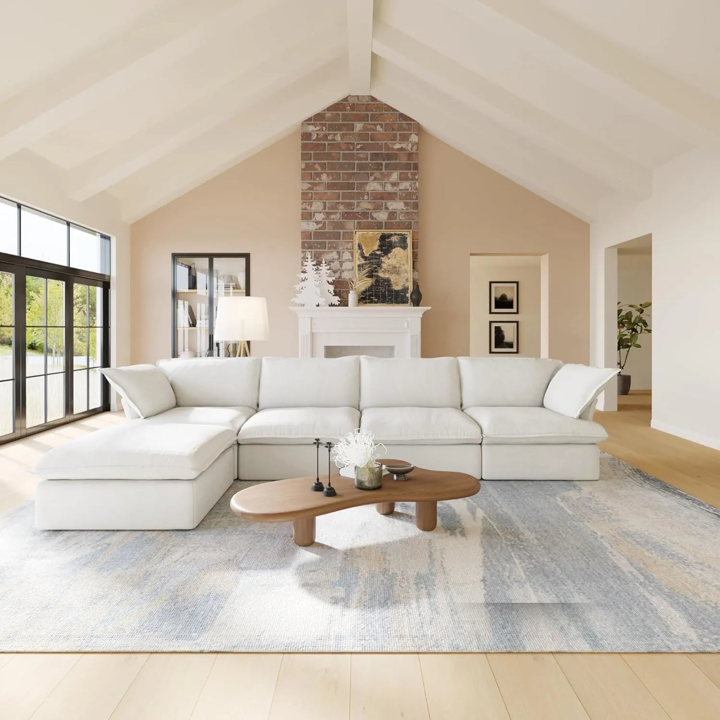 Deluxe Linen Cloud Sectional Sofas | White Cotton and Linen Couch Sectionals 4-seaters with 1 Ottoman