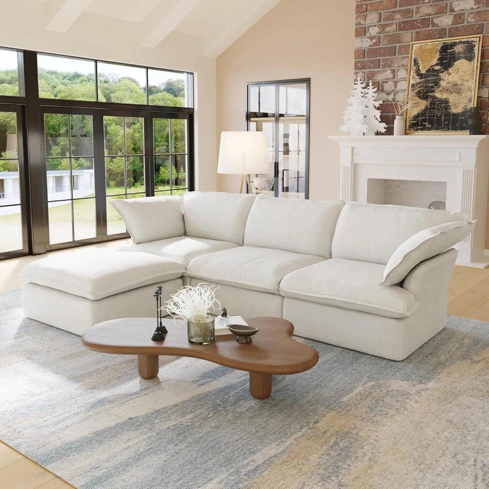 Deluxe Linen Cloud Sectional Sofas | White Cotton and Linen Couch Sectionals 4-seaters with 1 Ottoman