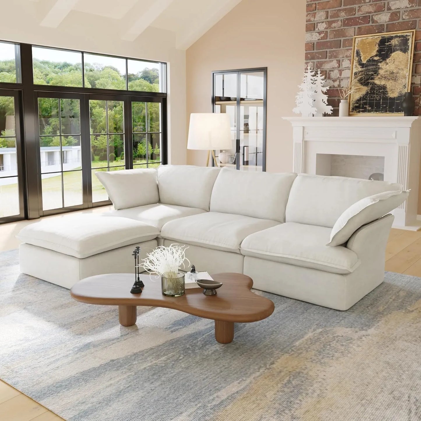 Deluxe Linen Cloud Sectional Sofas | White Cotton and Linen Couch Sectionals 4-seaters with 1 Ottoman