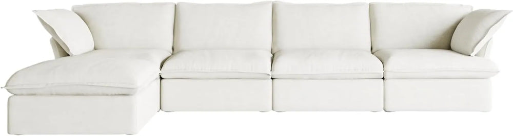 Deluxe Linen Cloud Sectional Sofas | White Cotton and Linen Couch Sectionals 4-seaters with 1 Ottoman