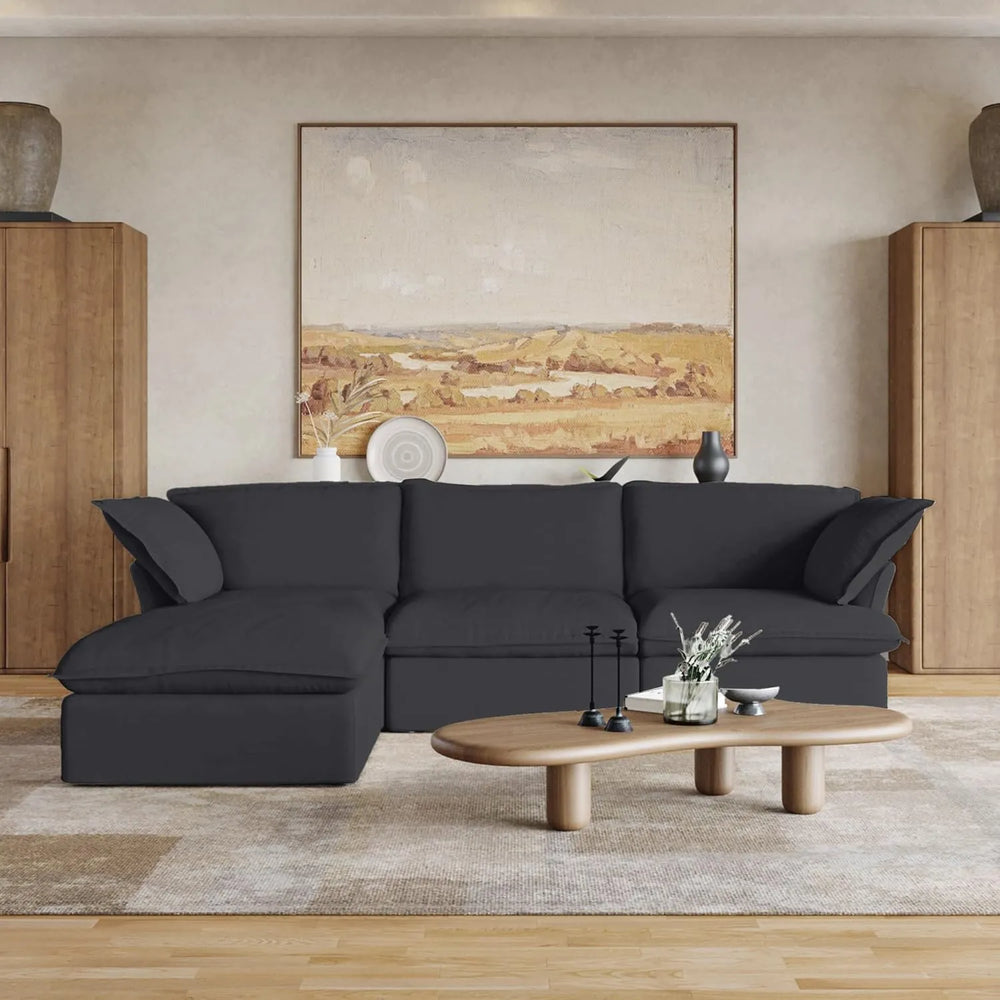 Deluxe Linen Cloud Sectional Sofas | 4-Piece Black Cotton and Linen L-Shaped Sectionals 3-Seater