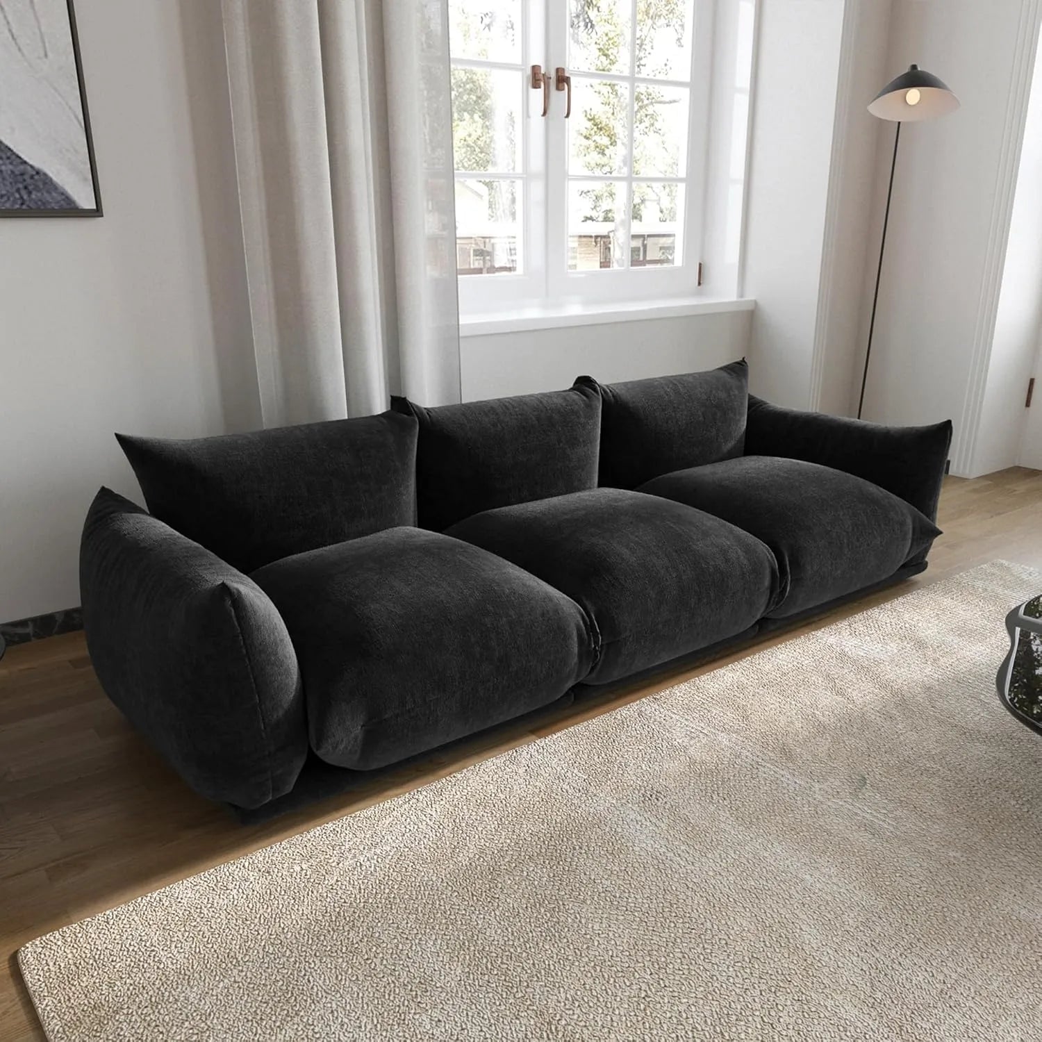 Sofá modular seccional Matrix de 3 plazas en color negro | 3 piezas, tela de chenilla, para espacios pequeños