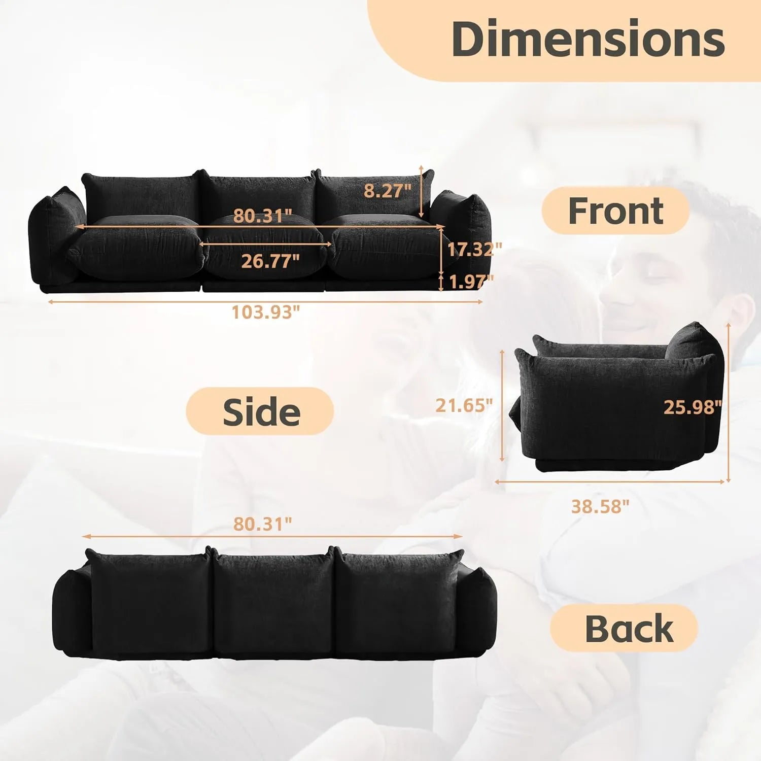 Sofá modular seccional Matrix de 3 plazas en color negro | 3 piezas, tela de chenilla, para espacios pequeños