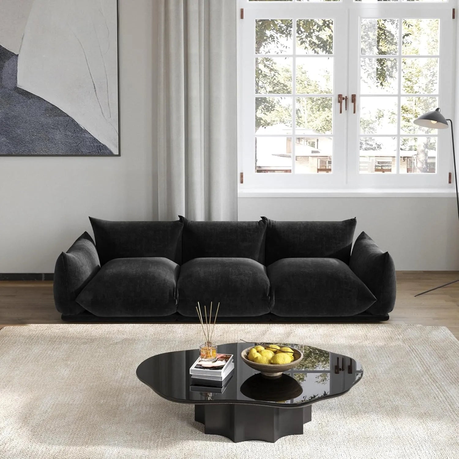 Sofá modular seccional Matrix de 3 plazas en color negro | 3 piezas, tela de chenilla, para espacios pequeños