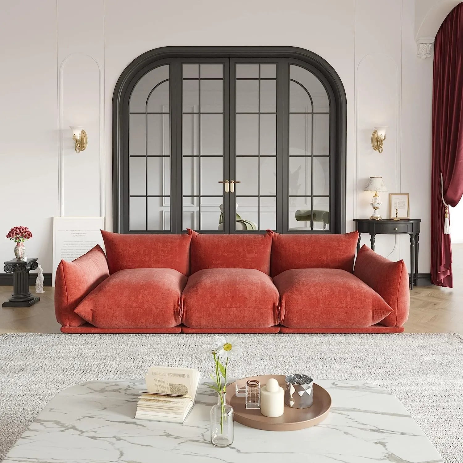 Sofá modular seccional Matrix de 3 plazas en color naranja | 3 piezas, tela de chenilla, ideal para apartamentos.