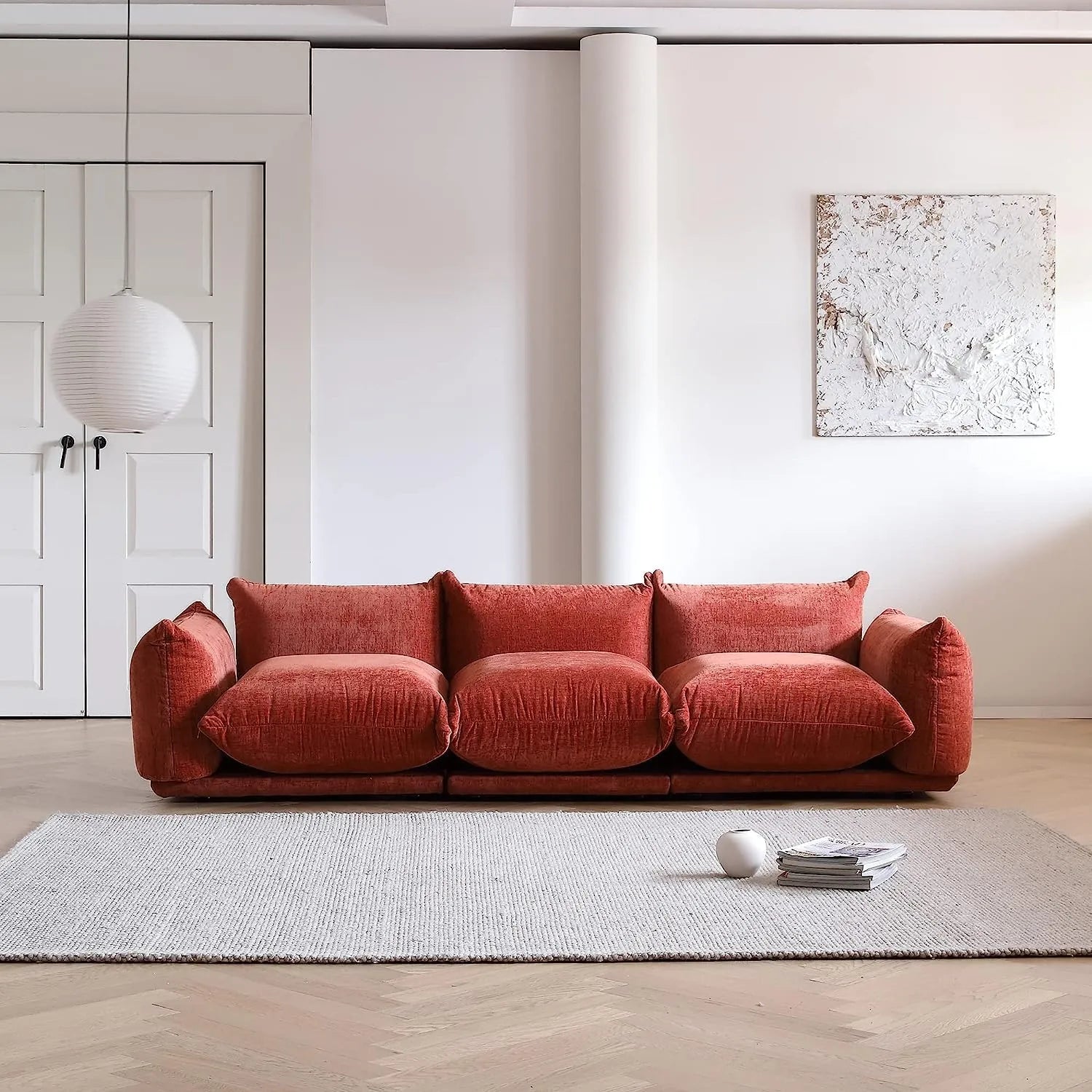 Sofá modular seccional Matrix de 3 plazas en color naranja | 3 piezas, tela de chenilla, ideal para apartamentos.