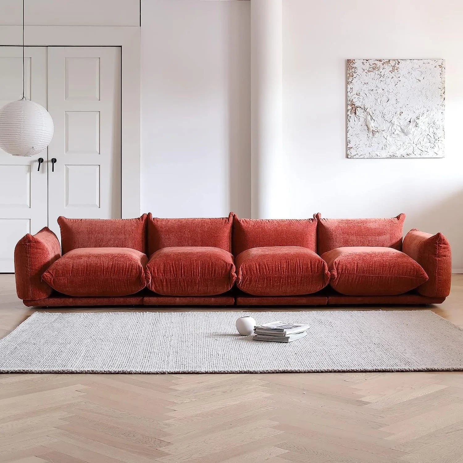 Sofá modular seccional Matrix de 4 plazas en color naranja | 4 piezas, tela de chenilla, diseño espacioso