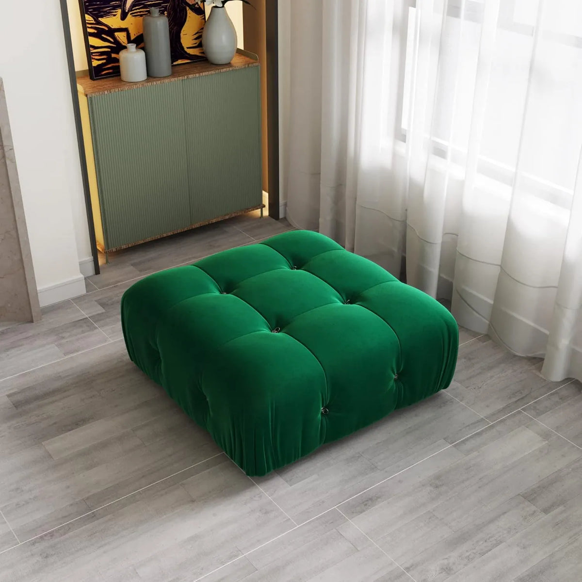 Matrix Green Modular Ottoman | 1-Piece, Velvet Fabric, Apartment Friendly