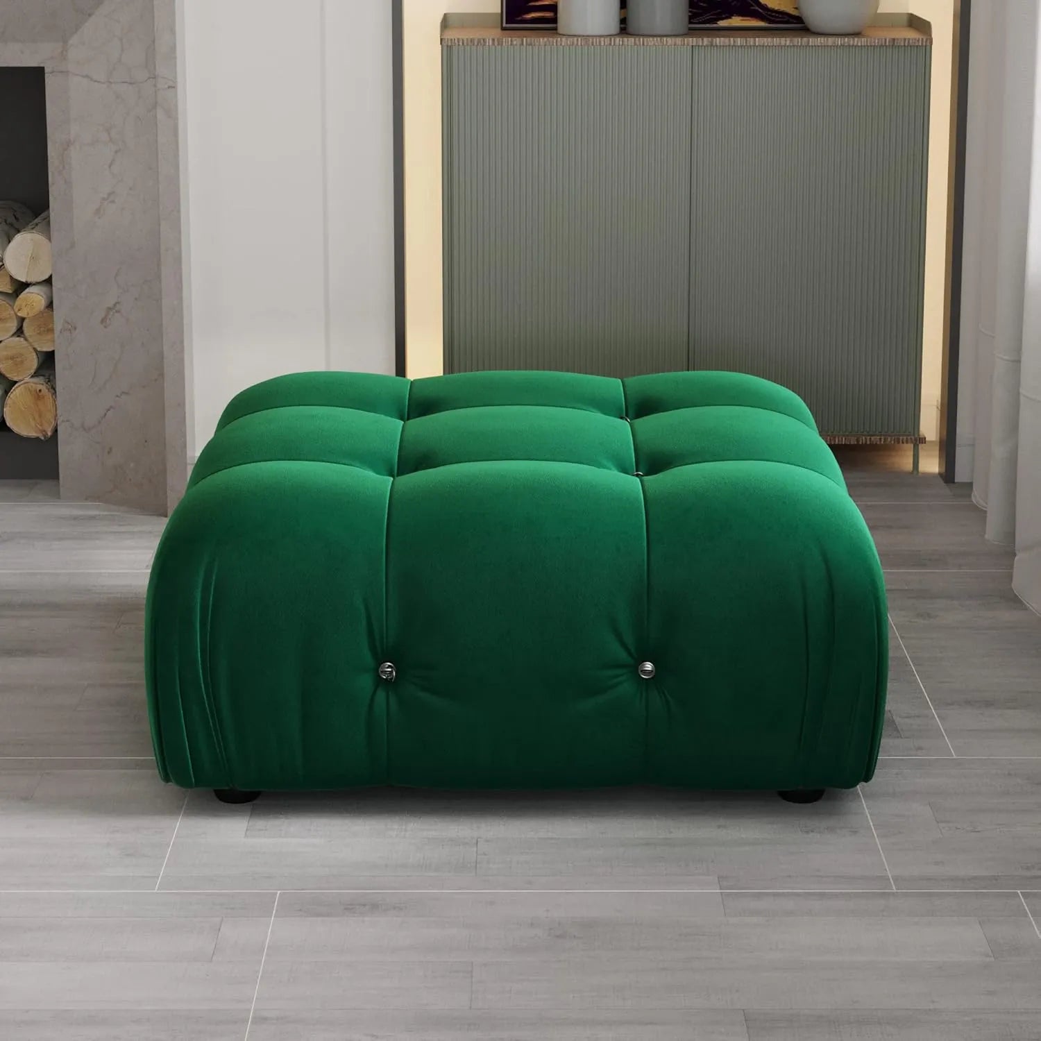 Matrix Green Modular Ottoman | 1-Piece, Velvet Fabric, Apartment Friendly