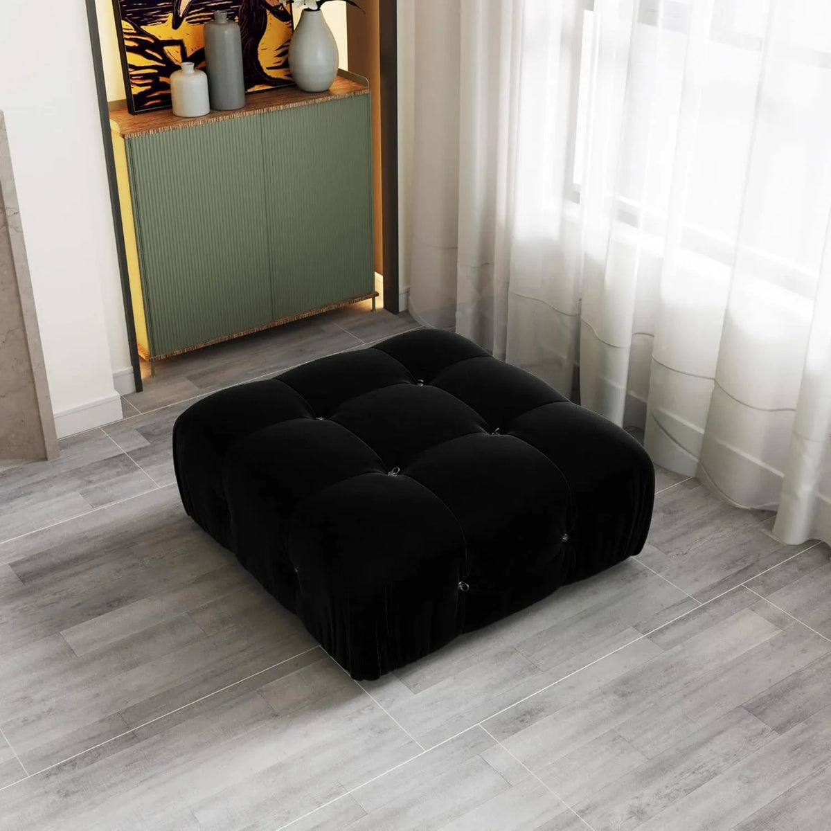 Matrix Black Modular Ottoman | 1-Piece, Velvet Fabric, Apartment Friendly