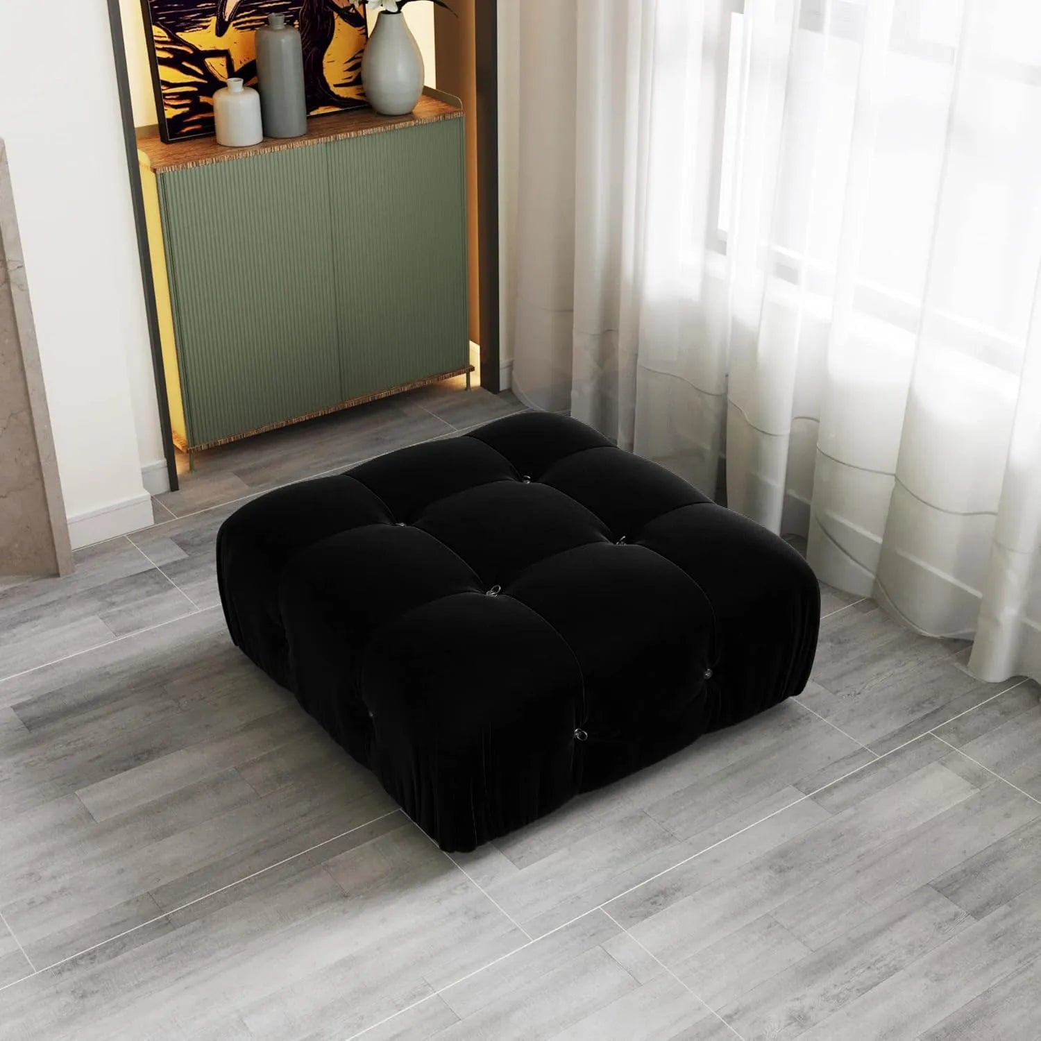 Matrix Black Modular Ottoman | 1-Piece, Velvet Fabric, Apartment Friendly