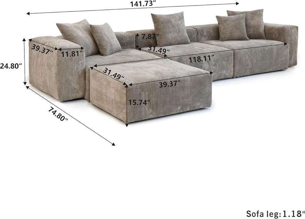 Matrix Modern Modular Sofas | Brown Corduroy Couch Sectionals 3-seaters with 1 Ottoman