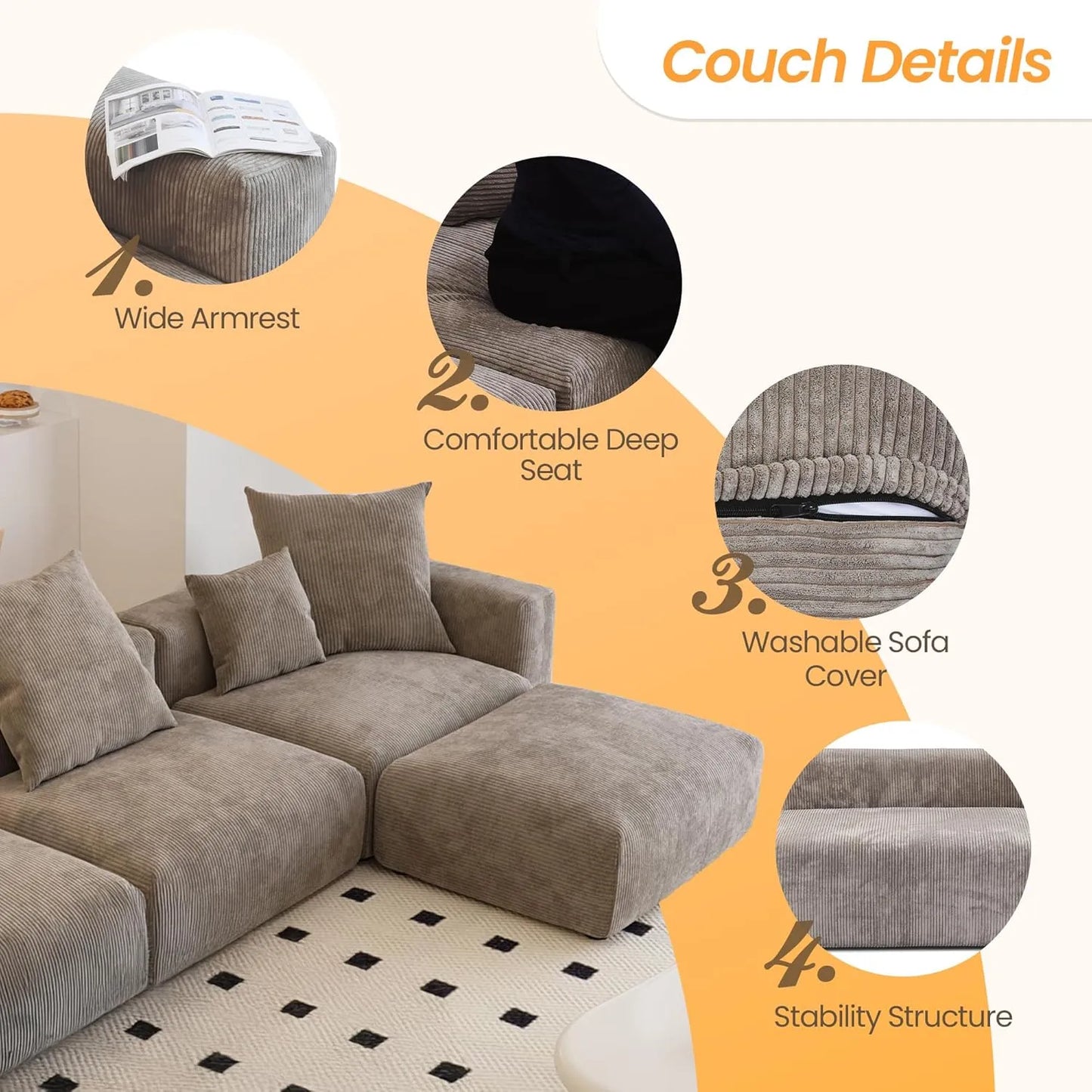 Matrix Modern Modular Sofas | Brown Corduroy Couch Sectionals 3-seaters with 1 Ottoman