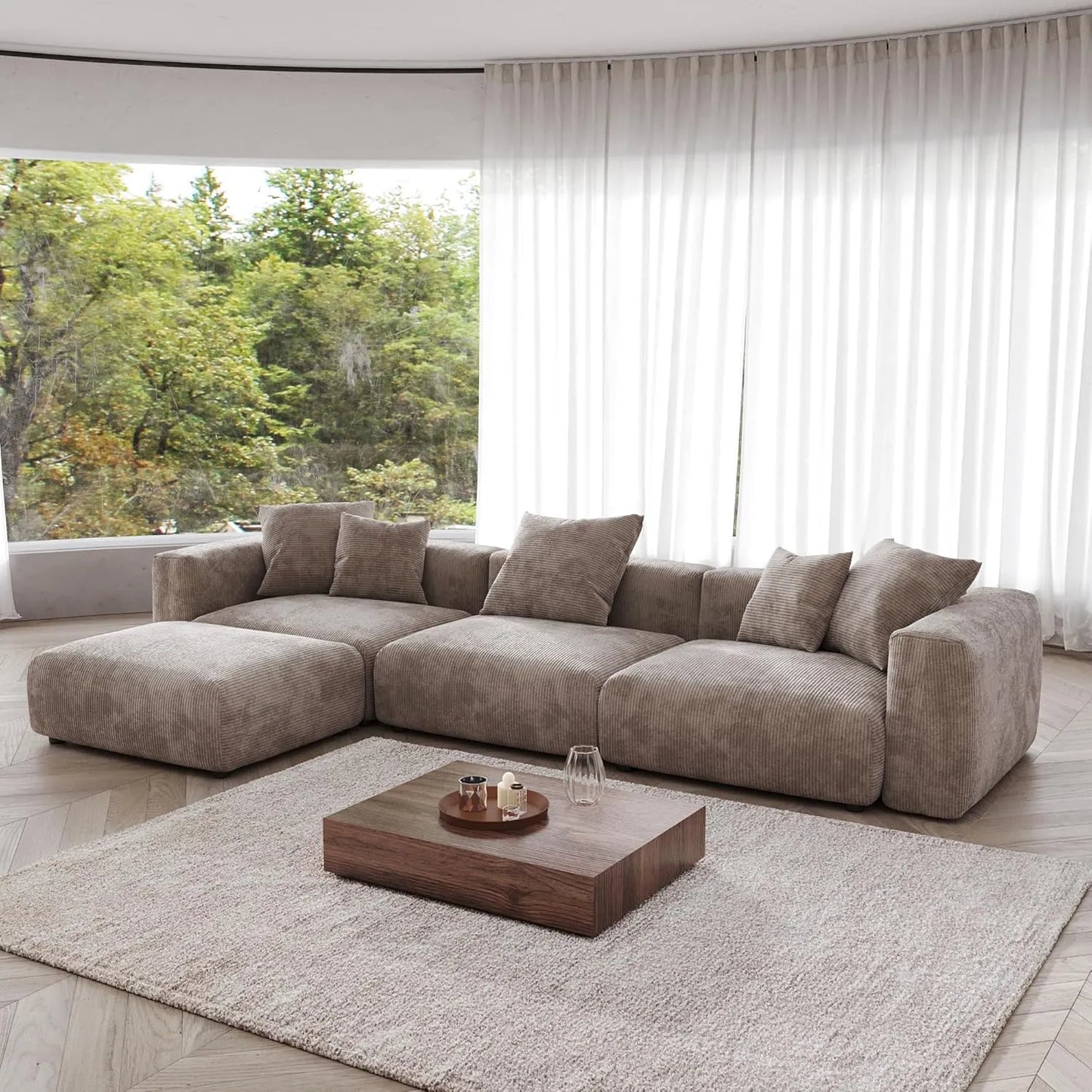 Matrix Modern Modular Sofas | Brown Corduroy Couch Sectionals 3-seaters with 1 Ottoman
