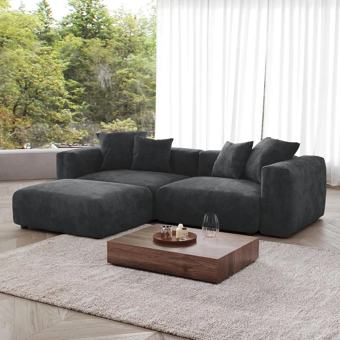 Matrix Modern Modular Sofas | Black Corduroy Loveseats 2-seaters with 1 Ottoman