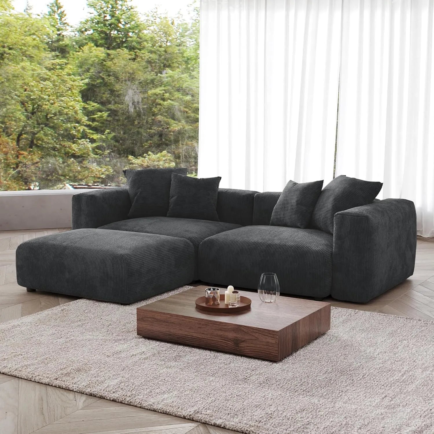 Sofá seccional Matrix de 2 plazas con chaise longue lavable, color negro | 3 piezas (incluye 1 otomana), tejido de pana, diseño modular