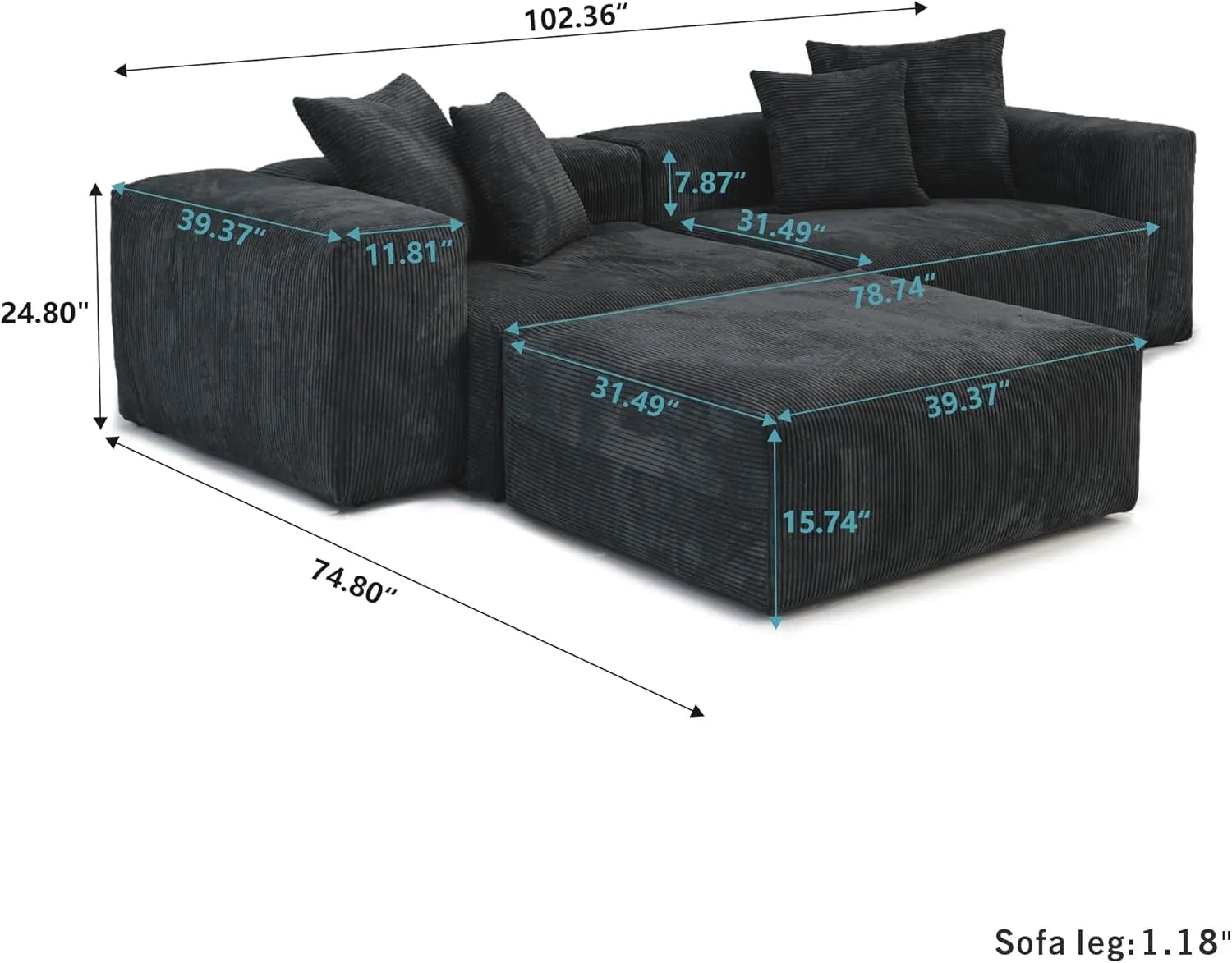 Sofá seccional Matrix de 2 plazas con chaise longue lavable, color negro | 3 piezas (incluye 1 otomana), tejido de pana, diseño modular