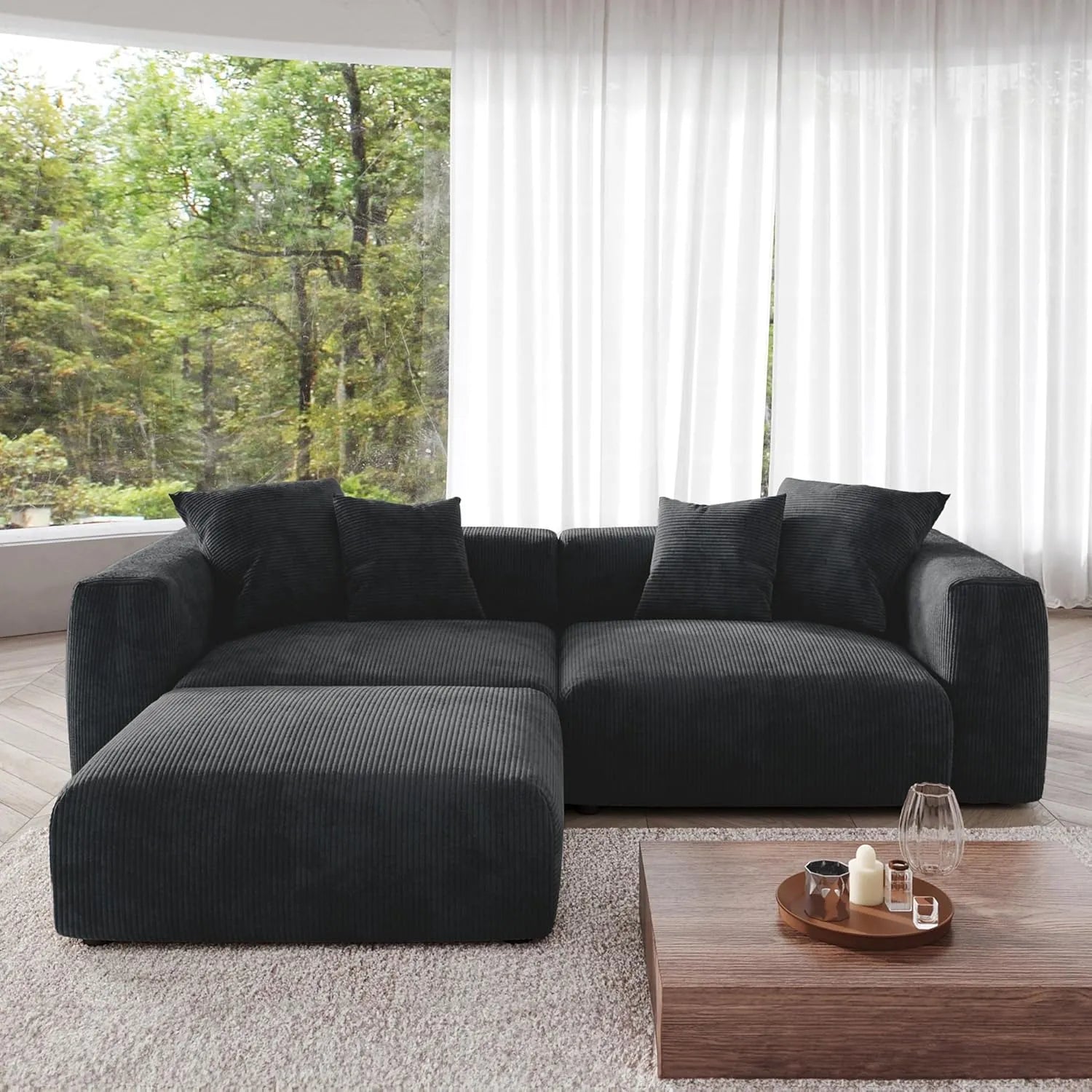 Sofá seccional Matrix de 2 plazas con chaise longue lavable, color negro | 3 piezas (incluye 1 otomana), tejido de pana, diseño modular