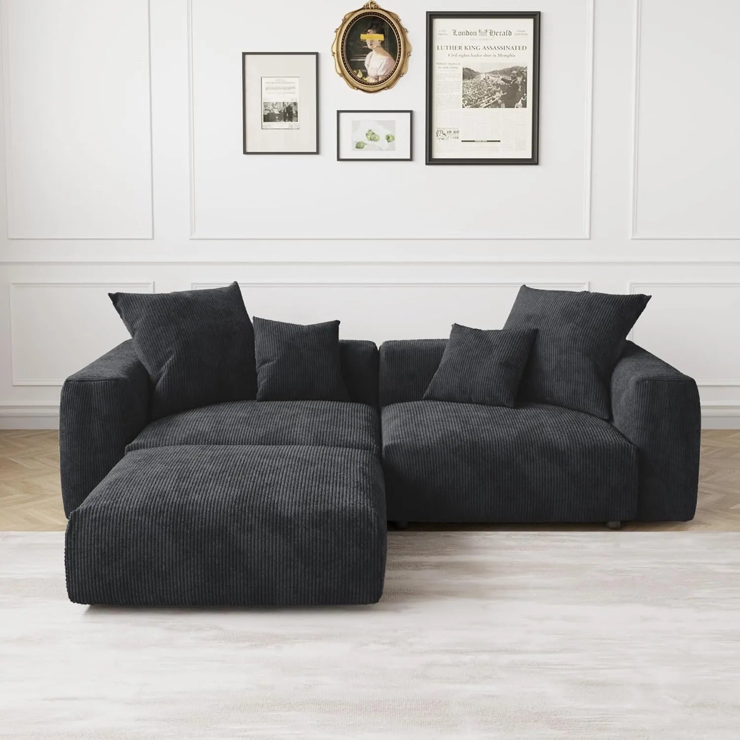 Sofá seccional Matrix de 2 plazas con chaise longue lavable, color negro | 3 piezas (incluye 1 otomana), tejido de pana, diseño modular