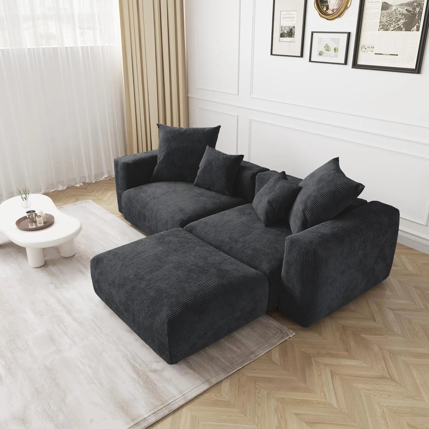 Sofá seccional Matrix de 2 plazas con chaise longue lavable, color negro | 3 piezas (incluye 1 otomana), tejido de pana, diseño modular