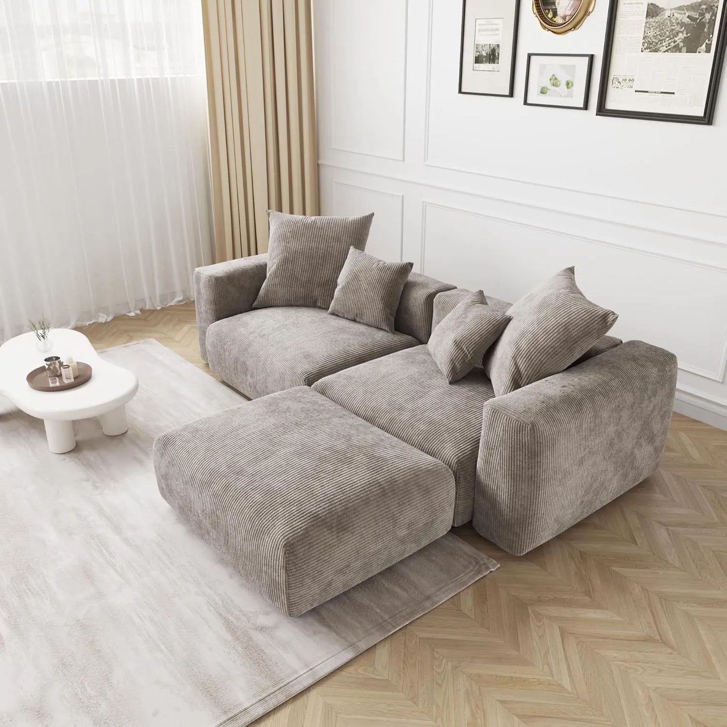 Matrix Modern Modular Sofas | Brown Corduroy Loveseats 2-seaters with 1 Ottoman