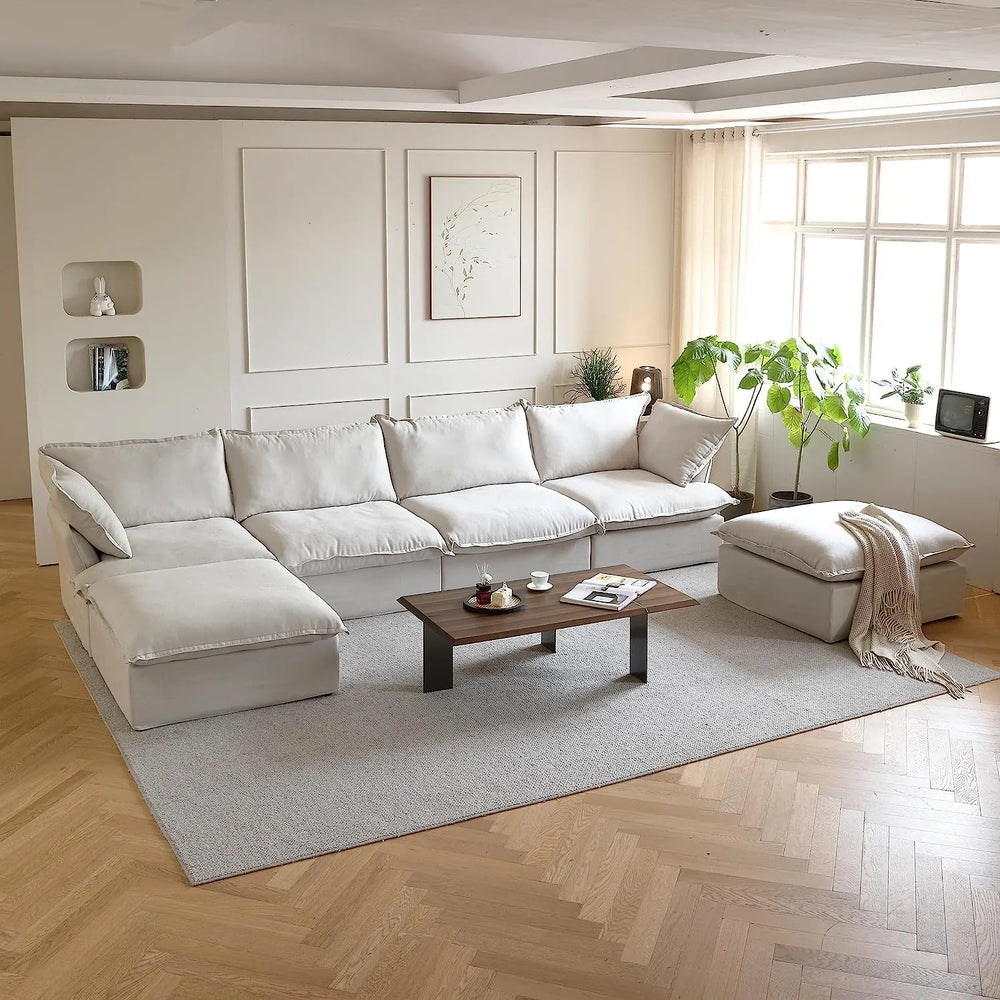 Deluxe Linen Cloud Sectional Sofas | 6-Piece Beige Cotton and Linen U Shaped Sectionals 4-seaters