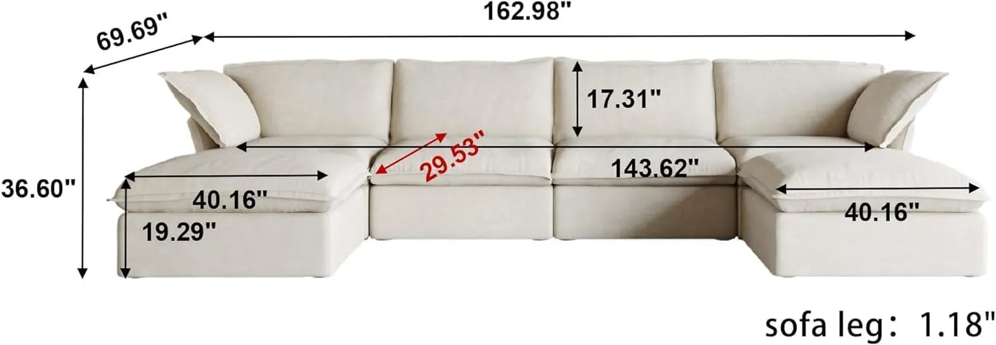 Deluxe Linen Cloud Sectional Sofas | 6-Piece Beige Cotton and Linen U Shaped Sectionals 4-seaters