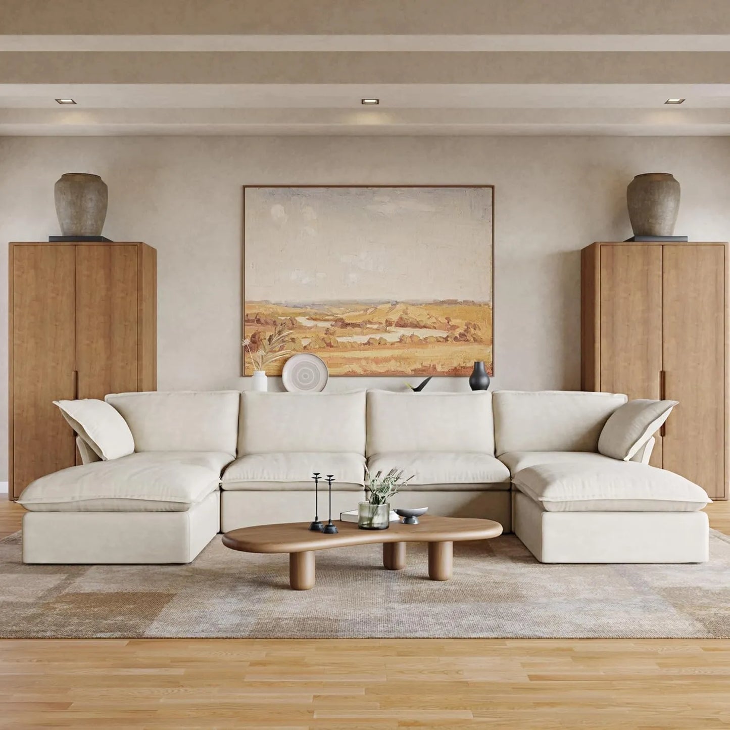 Deluxe Linen Cloud Sectional Sofas | 6-Piece Beige Cotton and Linen U Shaped Sectionals 4-seaters