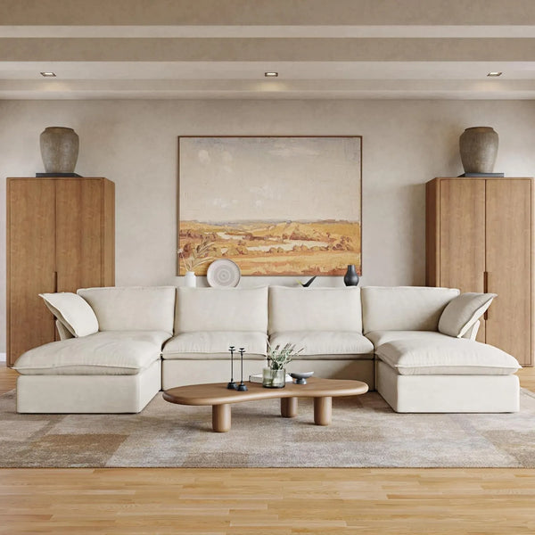 Sofás seccionales de lujo de lino Cloud | Seccionales en forma de U de 6 piezas de algodón y lino beige, 4 plazas