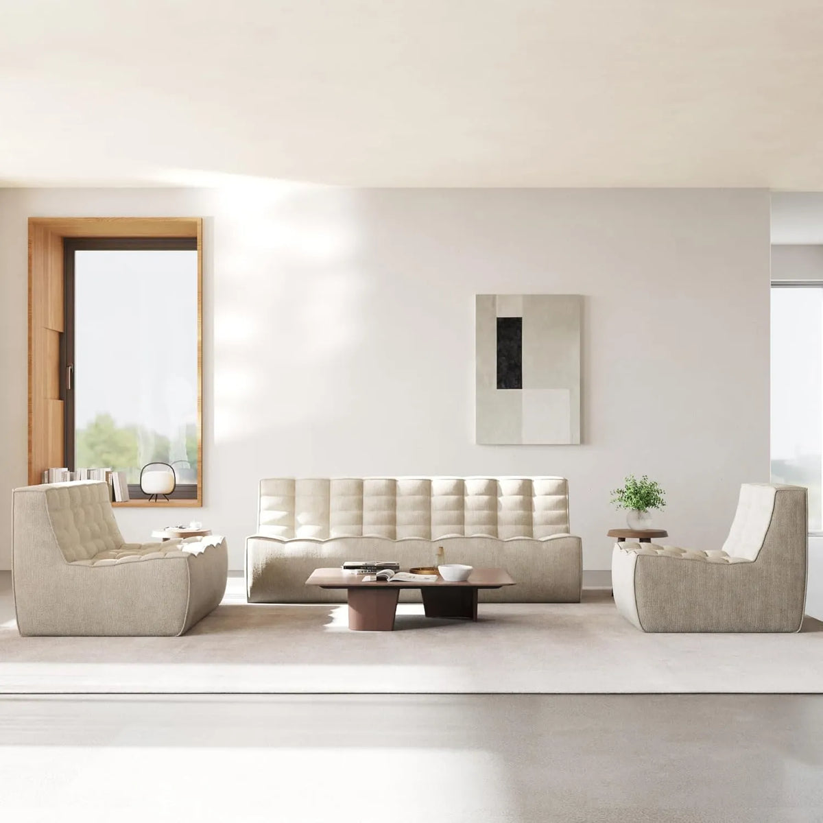 Essential Classic Floor Sofas | 3-Piece Khaki Chenille and Linen Sofa Sets 6-Seater