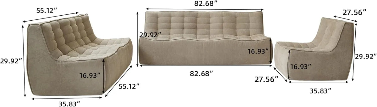 Essential Classic Floor Sofas | 3-Piece Khaki Chenille and Linen Sofa Sets 6-Seater