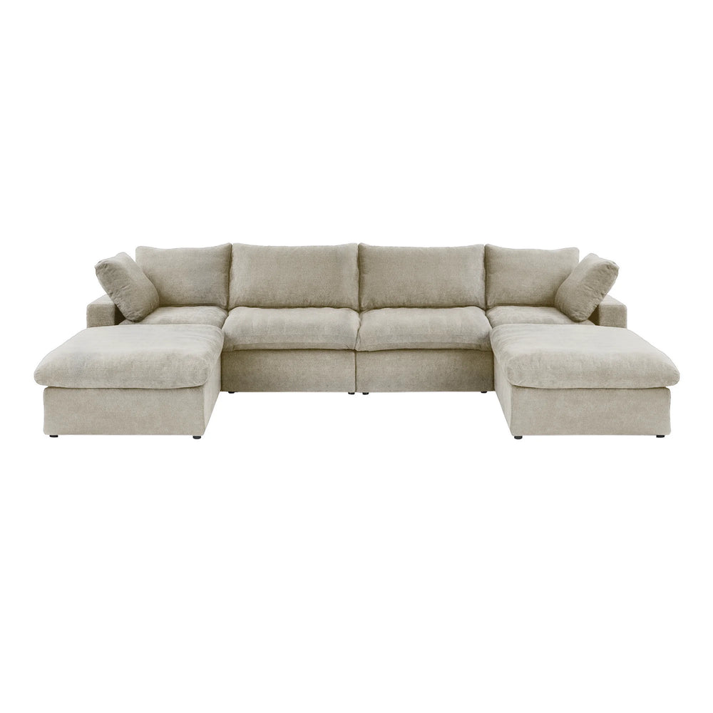 Deluxe Premium Cloud Sectional Sofas Covers | Khaki Cotton and Linen Sofa Cover for 4-Seater With 2 Ottomans