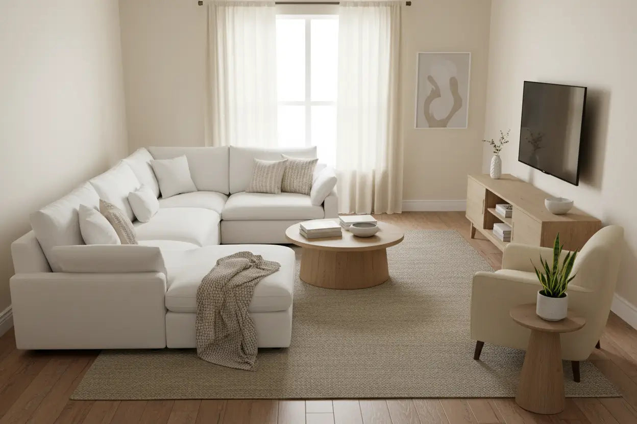 L Shaped Sectional Setup for Family Friendly Rectangle Spaces
