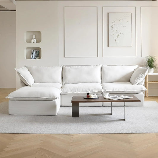 Deluxe Linen Cloud Sectional Sofas | 4-Piece White Cotton and Linen L Shaped Sectionals 3-seaters