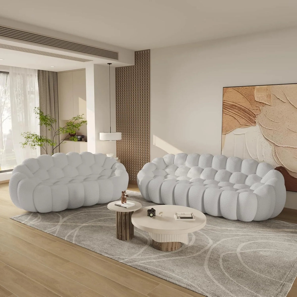 Sofás de suelo esenciales | Conjunto de sofás de 2 piezas de tela tejida 3D gris claro de 5 plazas