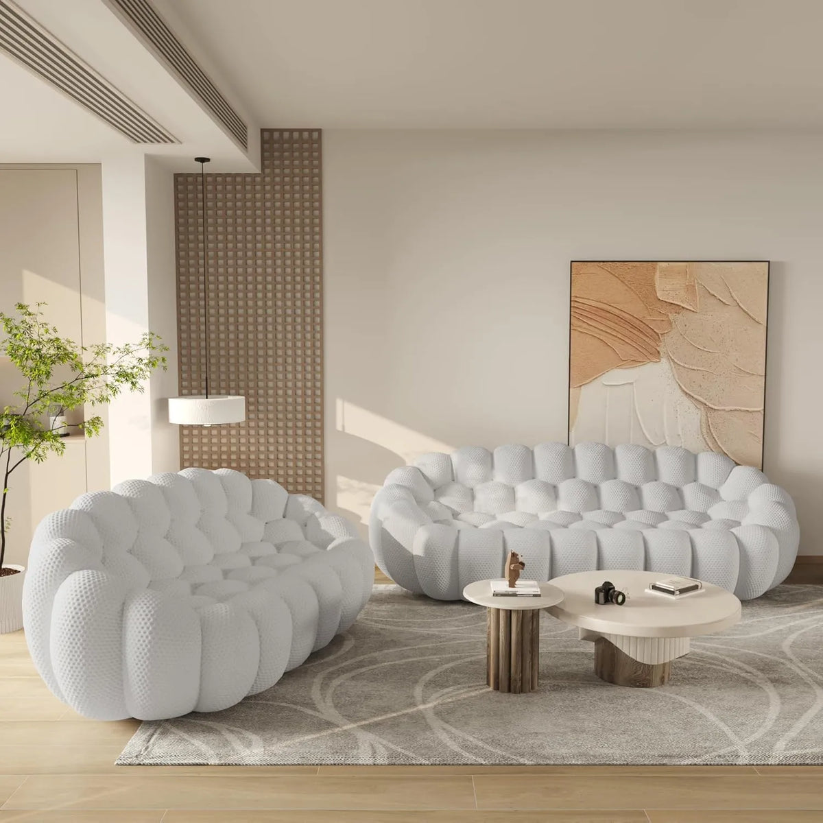 Sofás de suelo esenciales | Conjunto de sofás de 2 piezas de tela tejida 3D gris claro de 5 plazas