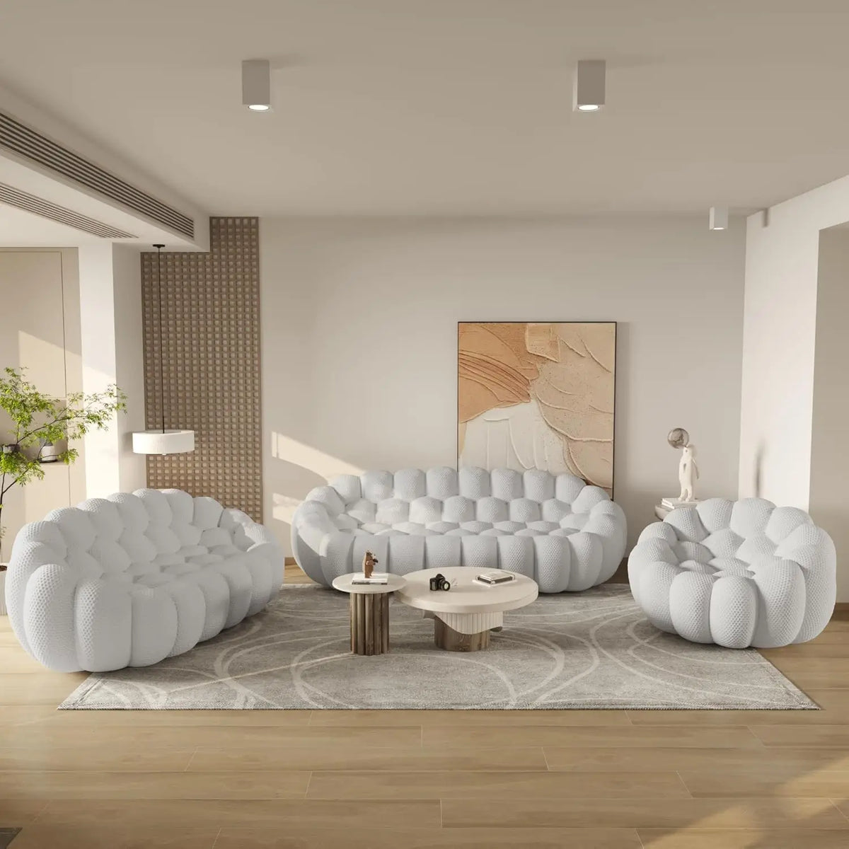 Juegos de sofá de tela tejida 3D de 6 plazas esenciales, gris claro | 3 piezas, tela tejida 3D, espacio grande