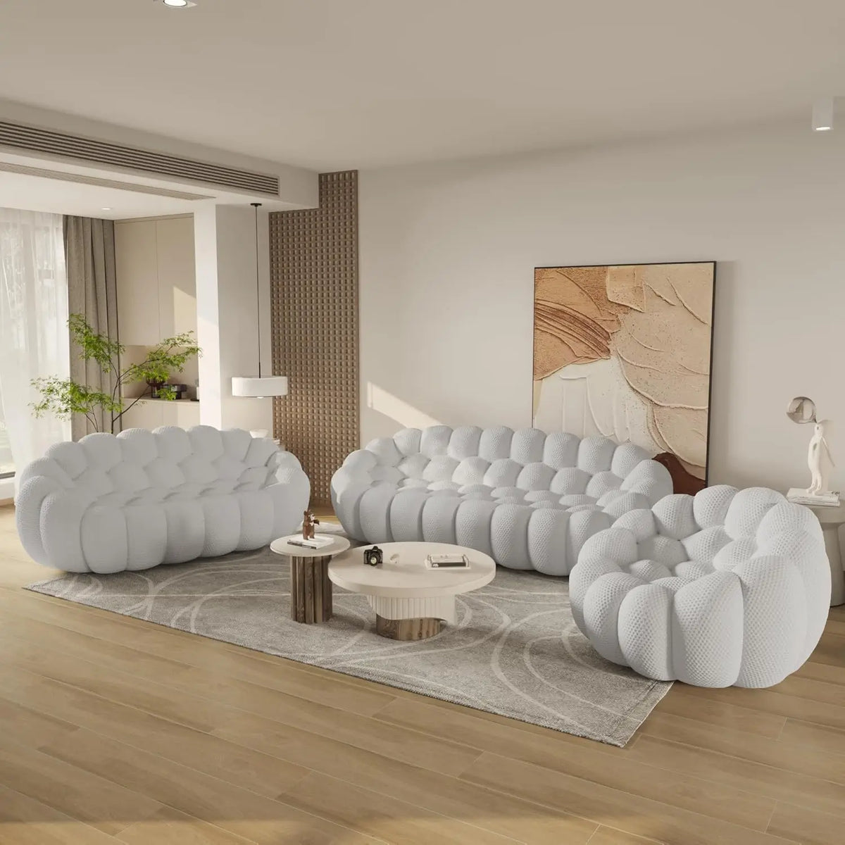 Juegos de sofá de tela tejida 3D de 6 plazas esenciales, gris claro | 3 piezas, tela tejida 3D, espacio grande