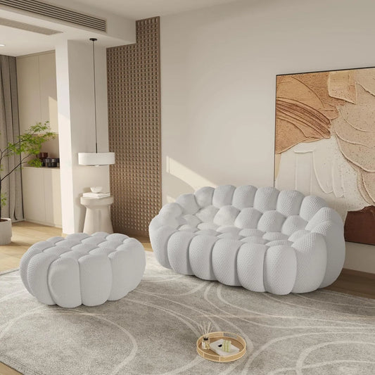 Essential Floor Sofas | Light Grey 3D Knitted Fabric Loveseats 2-seaters with 1 Ottoman