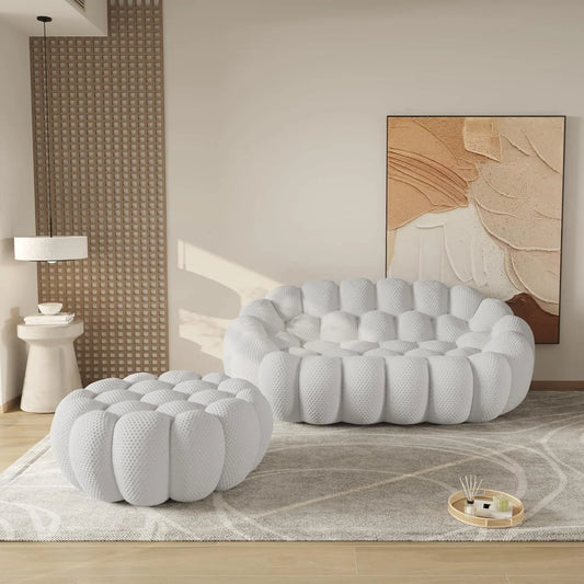 Essential Floor Sofas | Light Grey 3D Knitted Fabric Loveseats 2-seaters with 1 Ottoman