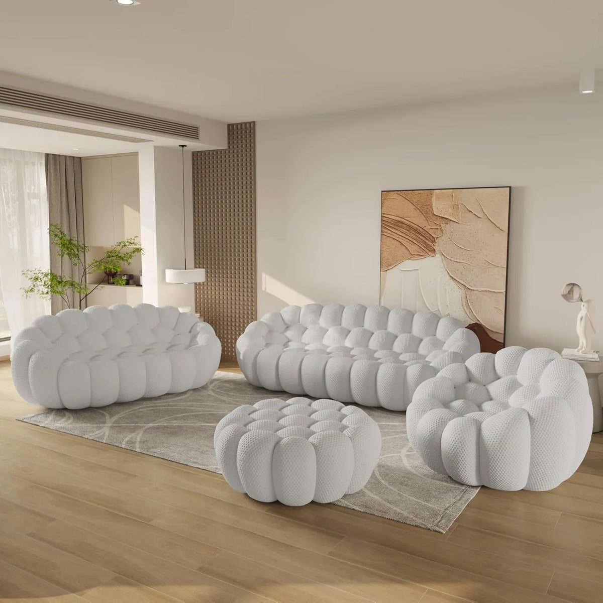 Essential 6-Seater light-grey 3D-Knitted Fabric Sofa Sets | 4-Piece (includes 1 Ottoman), 3D-Knitted Fabric, Spacious Design