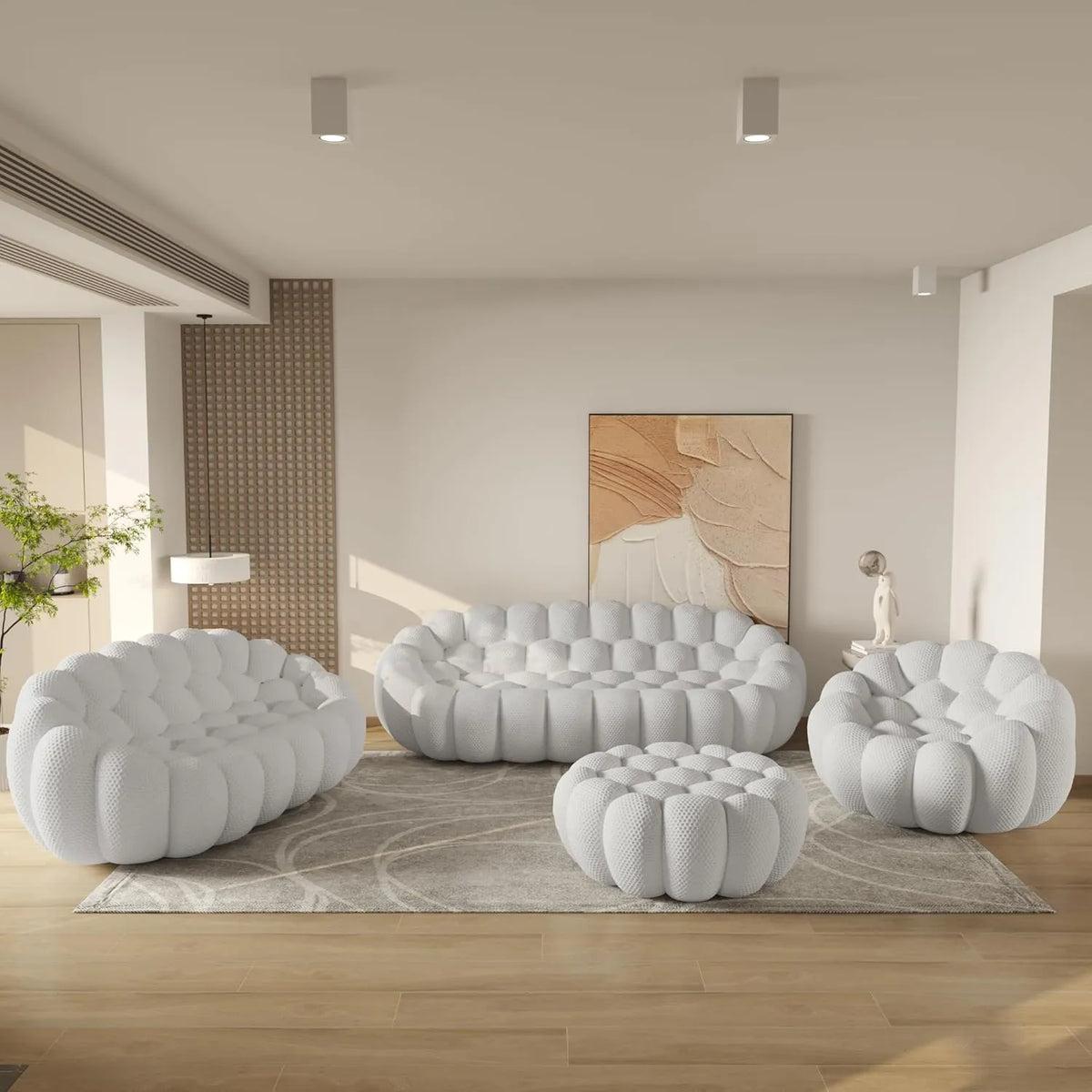 Essential 6-Seater light-grey 3D-Knitted Fabric Sofa Sets | 4-Piece (includes 1 Ottoman), 3D-Knitted Fabric, Spacious Design