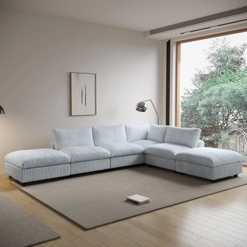 Sofá modular en forma de L Deluxe Cloud de 4 plazas, color gris claro, lavable | Juego de 6 piezas (incluye 2 otomanas), tejido de felpa, diseño modular