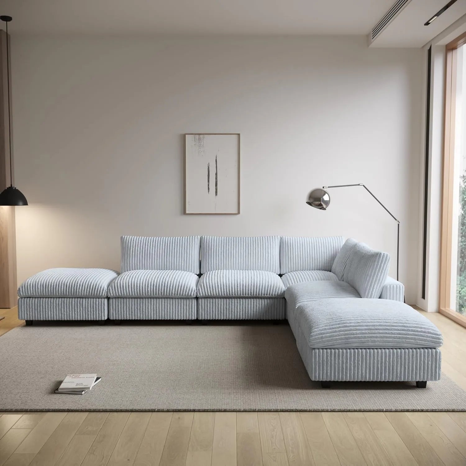 Sofá modular en forma de L Deluxe Cloud de 4 plazas, color gris claro, lavable | Juego de 6 piezas (incluye 2 otomanas), tejido de felpa, diseño modular
