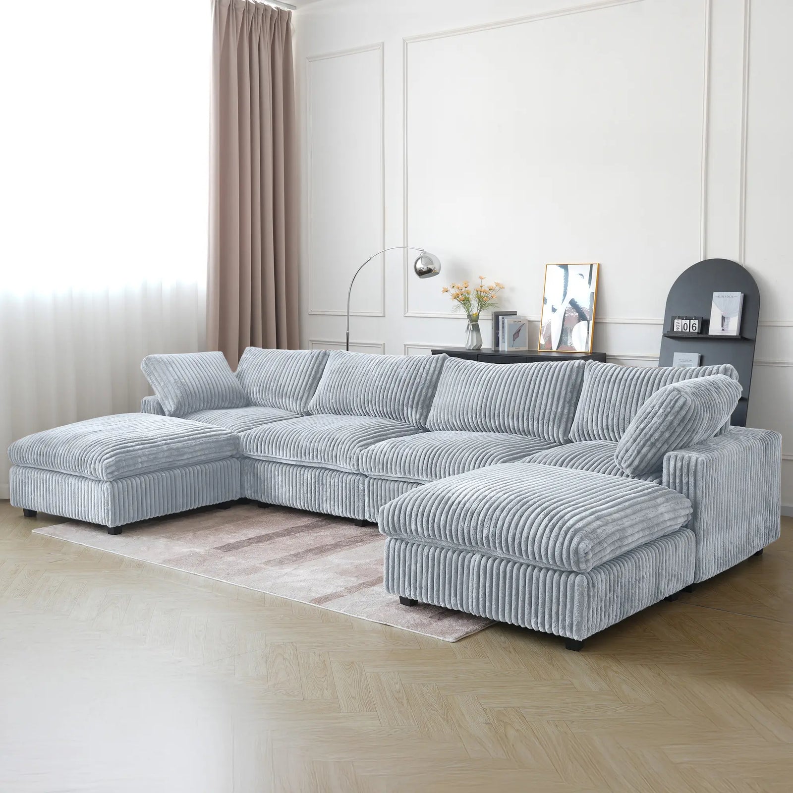 Sofá seccional en forma de U Deluxe Cloud de 4 plazas, color gris claro, lavable | 6 piezas (incluye 2 otomanas), tela de felpa, diseño modular