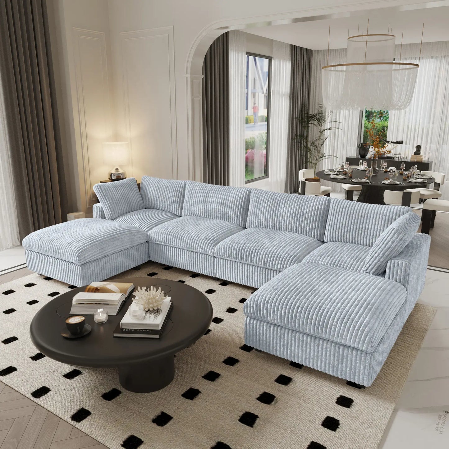 Deluxe Classic Cloud Sectional Sofas | Light Grey Plush Fabric U shaped Sectionals 4-seaters