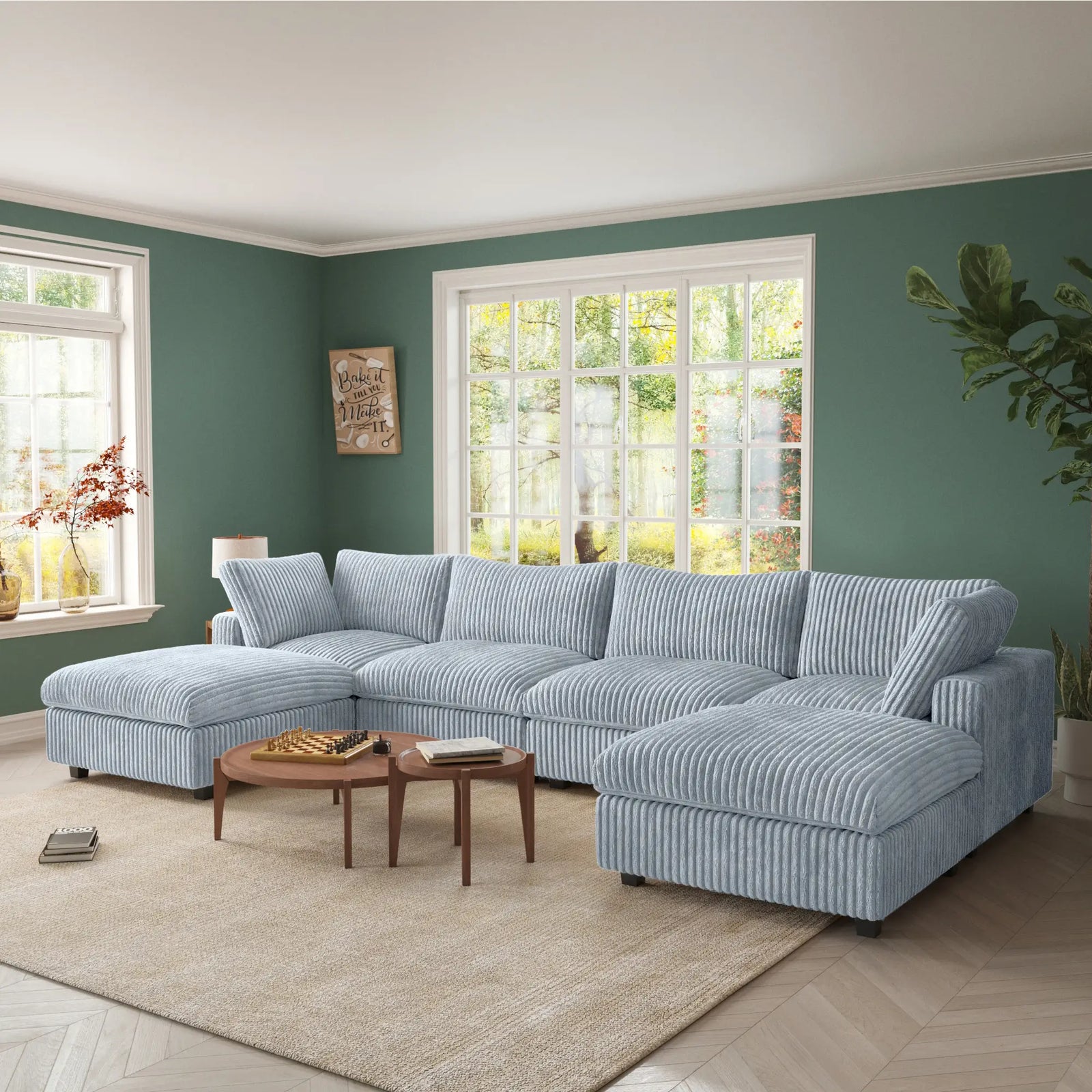 Sofá seccional en forma de U Deluxe Cloud de 4 plazas, color gris claro, lavable | 6 piezas (incluye 2 otomanas), tela de felpa, diseño modular