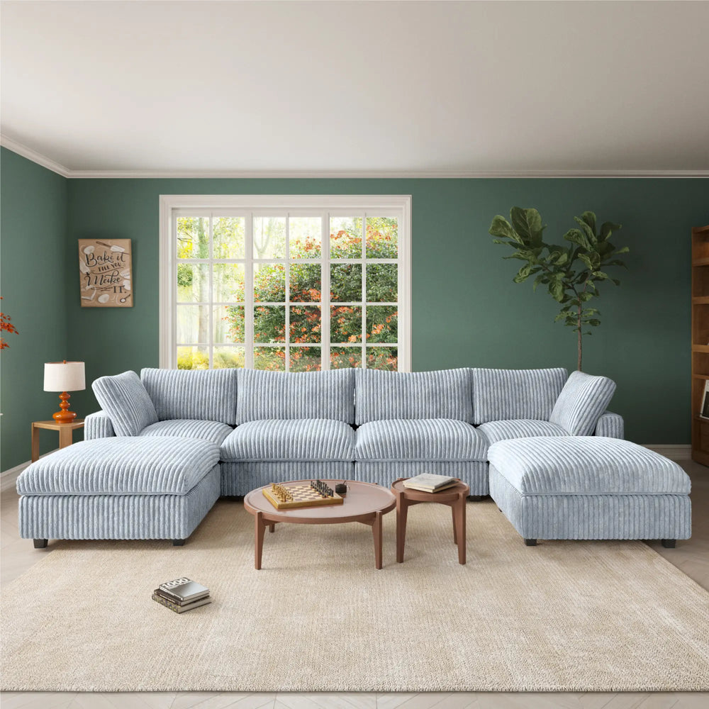 Deluxe Classic Cloud Sectional Sofas | Light Grey Plush Fabric U shaped Sectionals 4-seaters